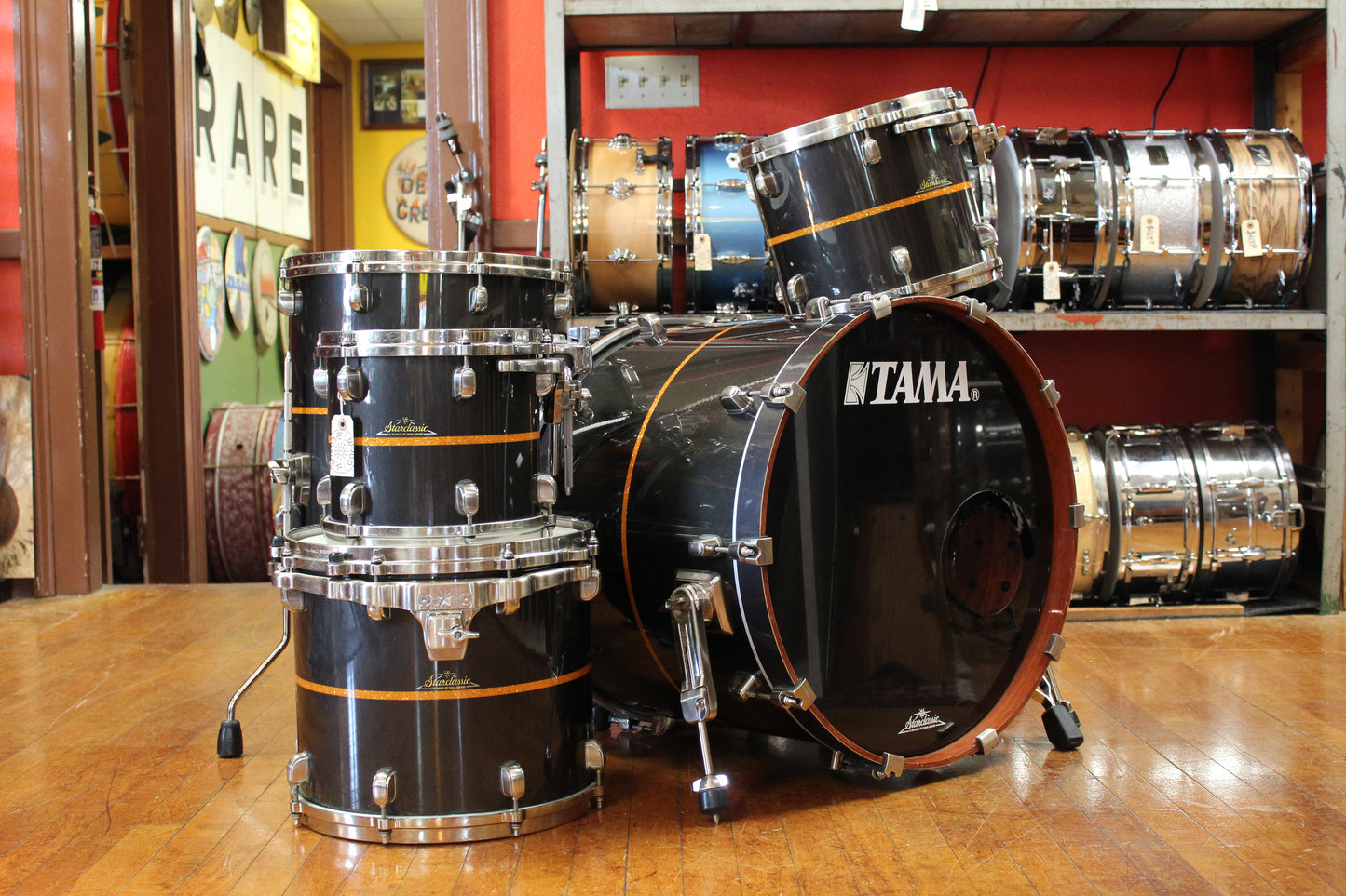 Tama Starclassic Bubinga Elite Outfit in Black Metallic with Gold Inlay 18x22 16x16 12x14 10x12 9x10