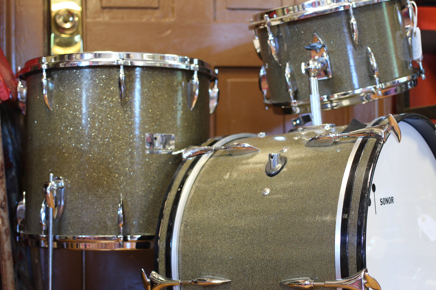 1960's Sonor Chicago Star Outfit in Black & Silver Striped Glitter 14x20 14x16 8x13