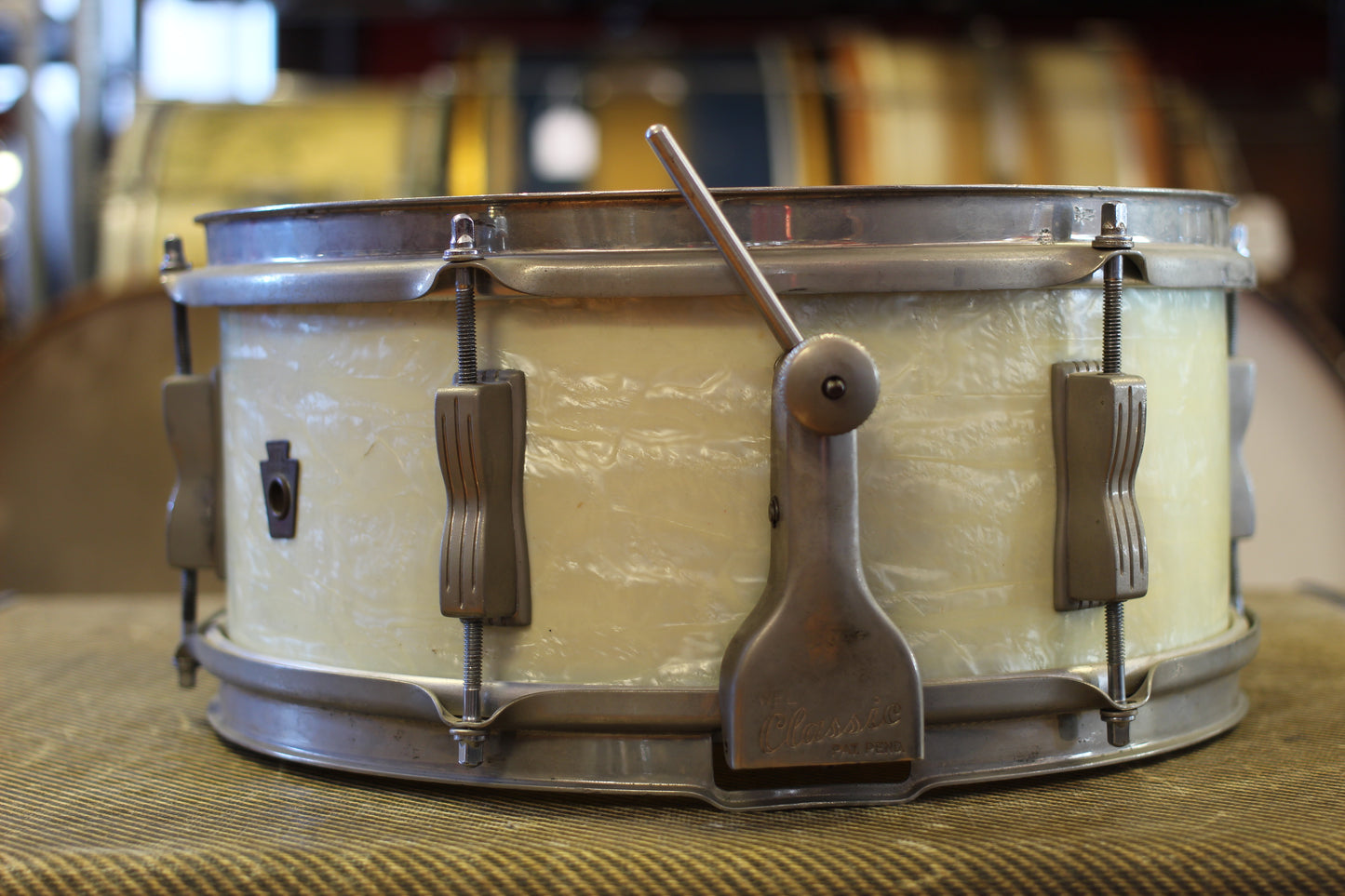 1950's WFL 'Porto-Pak' 5.5"x13" Snare Drum in White Marine Pearl