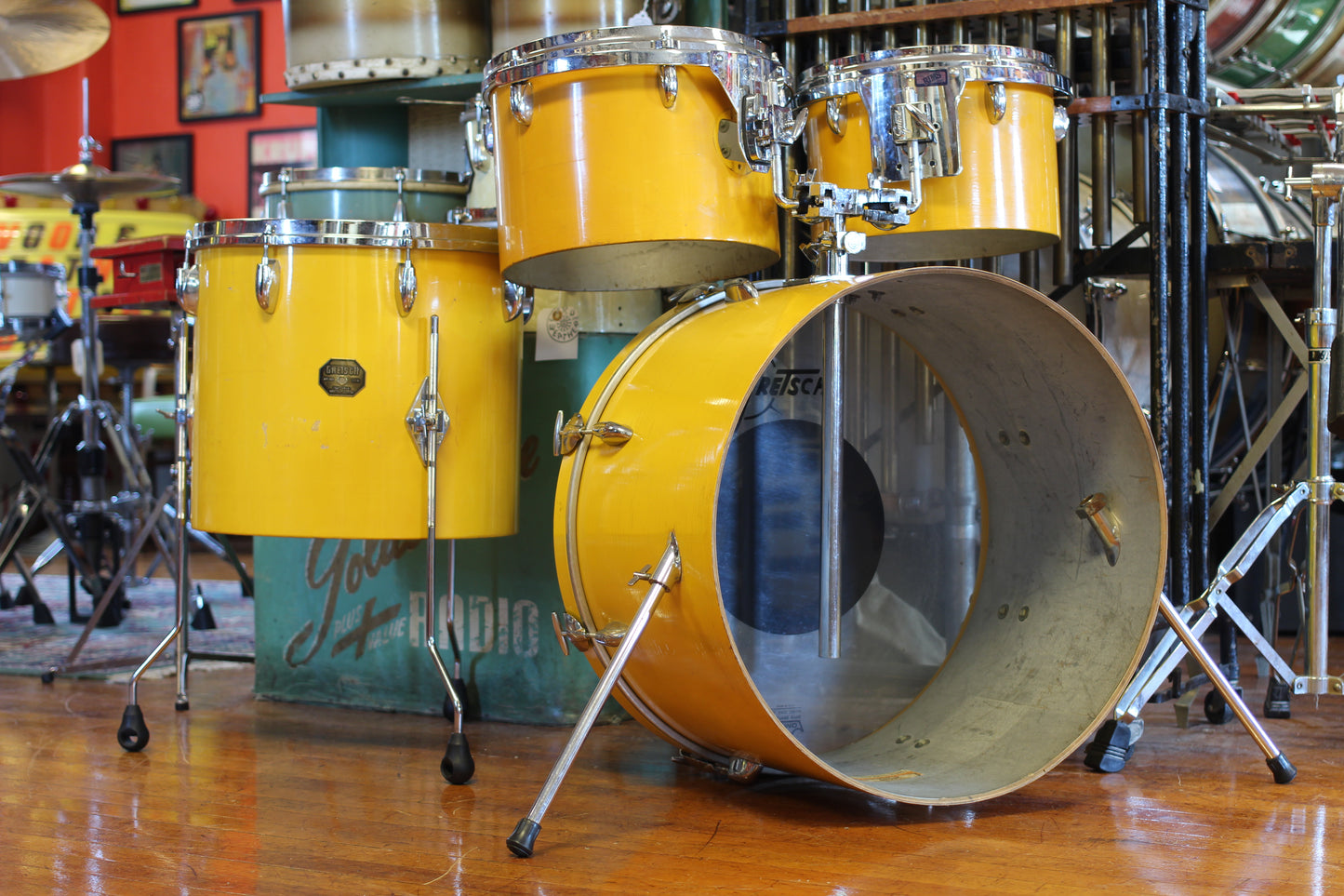 1970's Gretsch Recording outfit in Yellow Nitron Lacquer 14x22 14x16 9x13 8x12
