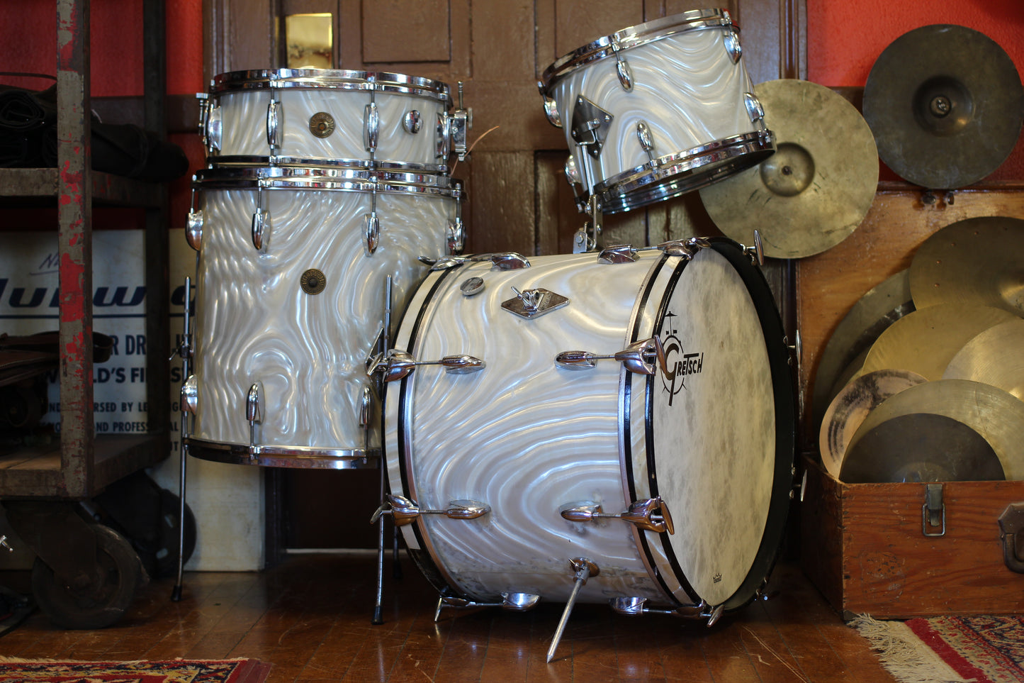 1960's Gretsch Bop Outfit in Silver Satin Flame 14x20 16x16 8x12 5.5x14