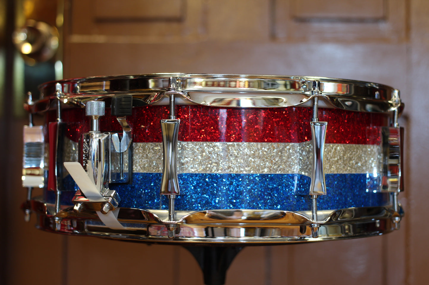2022 Pork Pie Percussion Snare Drum 5"x14" in Red Silver Blue Banded Pearl