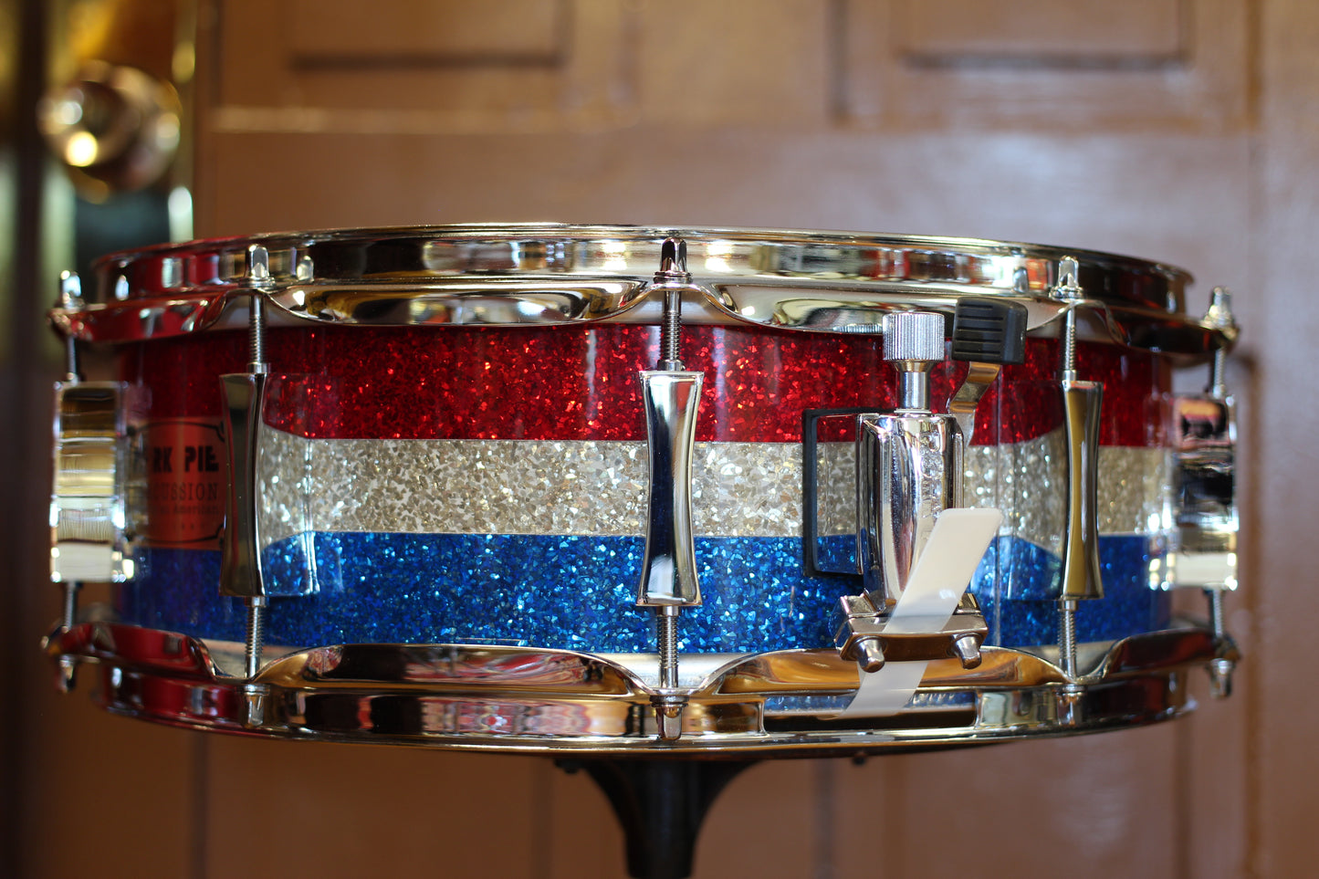 2022 Pork Pie Percussion Snare Drum 5"x14" in Red Silver Blue Banded Pearl
