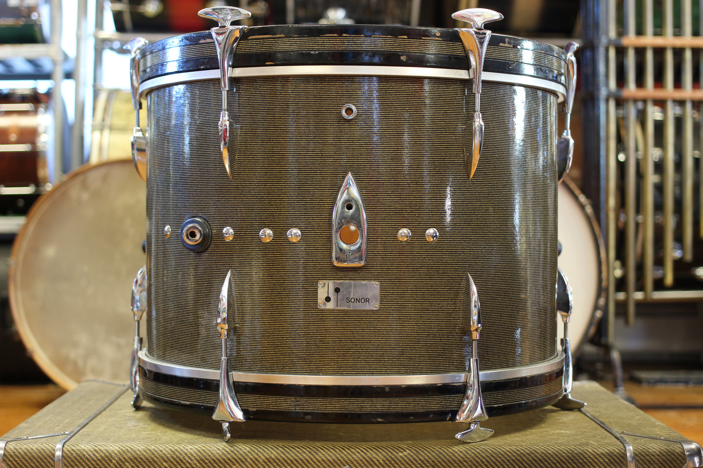 1960's Sonor Chicago Star Outfit in Black & Silver Striped Glitter 14x20 14x16 8x13