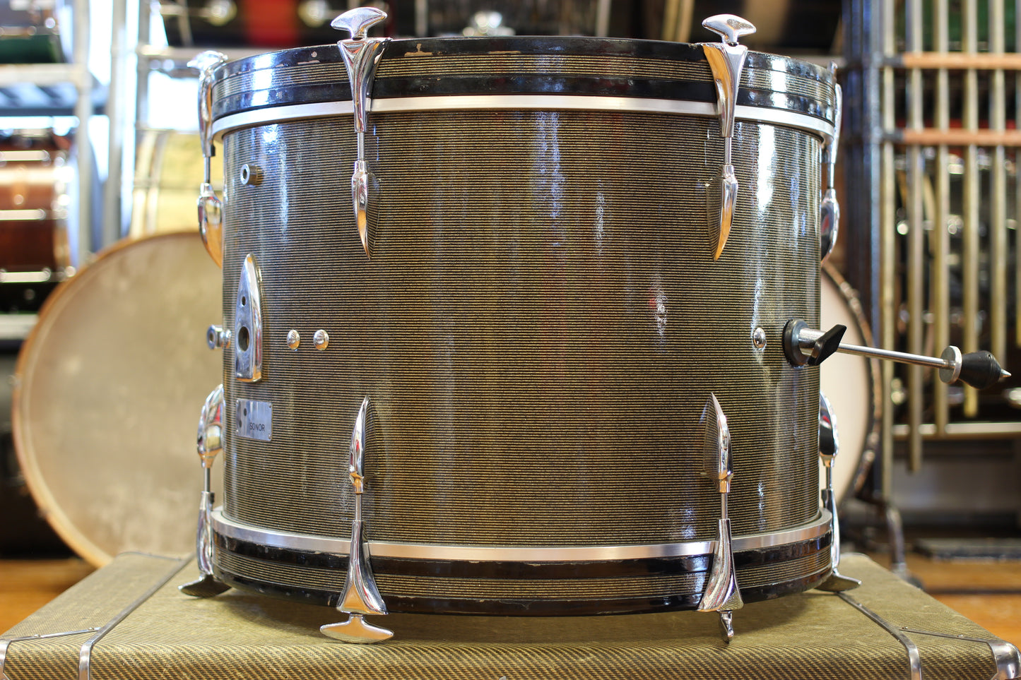 1960's Sonor Chicago Star Outfit in Black & Silver Striped Glitter 14x20 14x16 8x13