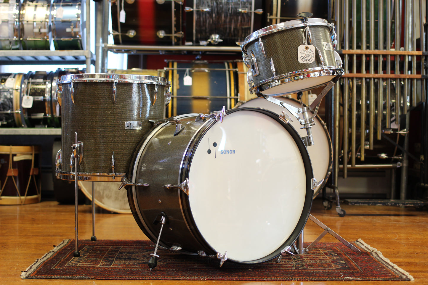 1960's Sonor Chicago Star Outfit in Black & Silver Striped Glitter 14x20 14x16 8x13