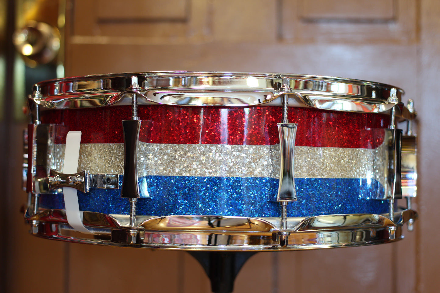 2022 Pork Pie Percussion Snare Drum 5"x14" in Red Silver Blue Banded Pearl
