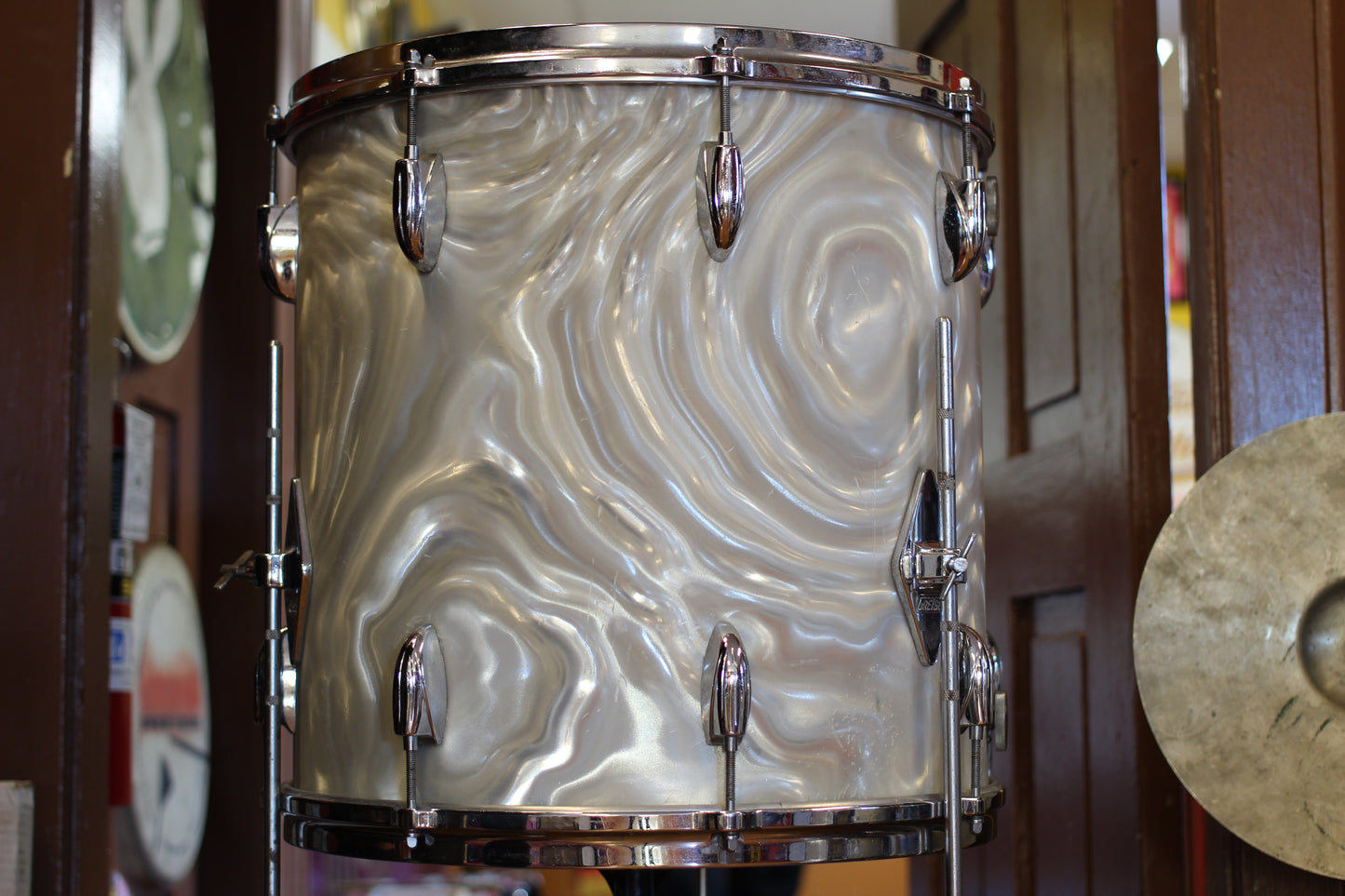 1960's Gretsch Bop Outfit in Silver Satin Flame 14x20 16x16 8x12 5.5x14