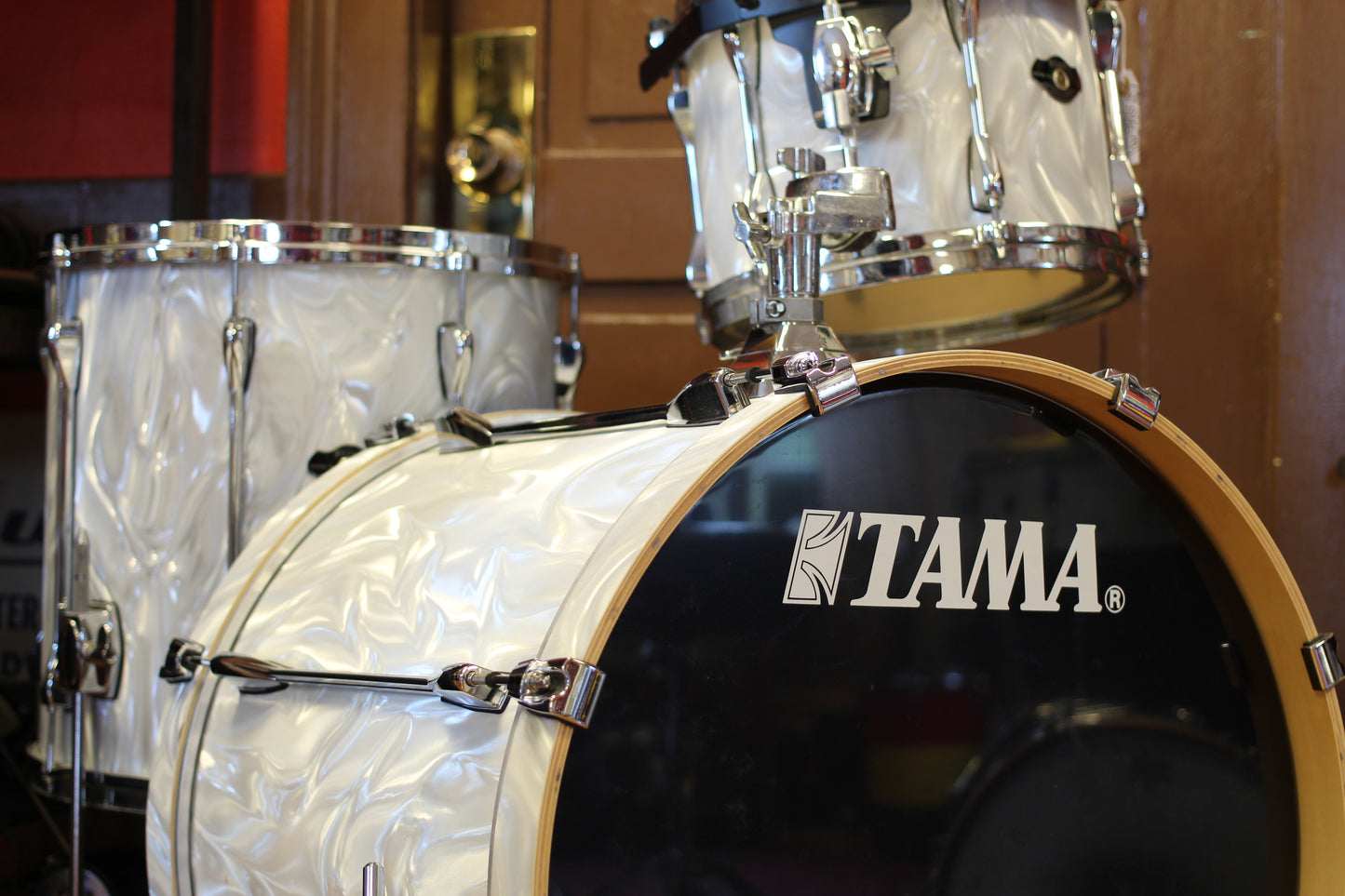 Used Tama Superstar Hyperdrive Kit in White Satin Flame 18x22 16x16 9x12