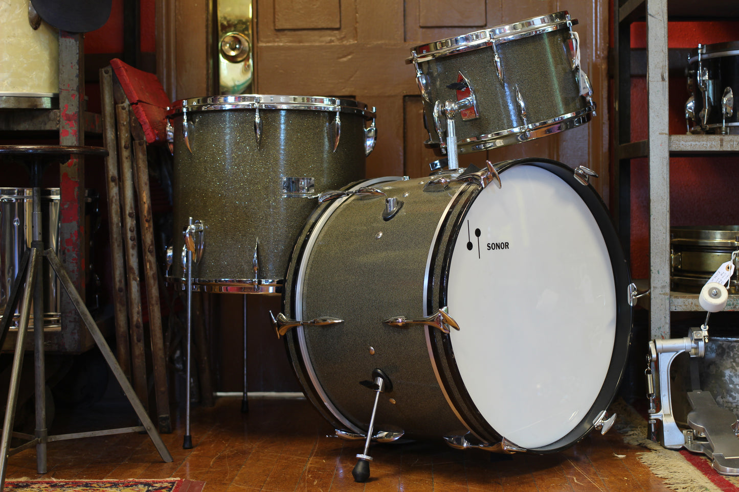 1960's Sonor Chicago Star Outfit in Black & Silver Striped Glitter 14x20 14x16 8x13