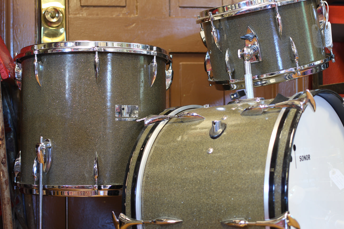 1960's Sonor Chicago Star Outfit in Black & Silver Striped Glitter 14x20 14x16 8x13