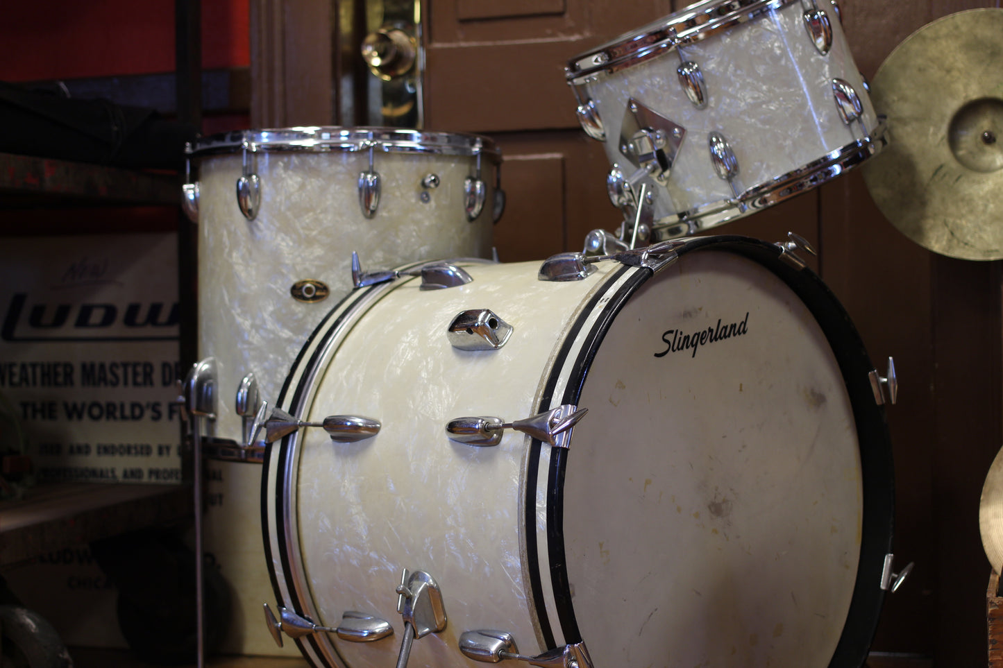1960's Slingerland Modern Jazz in White Marine Pearl 14x20 14x14 8x12