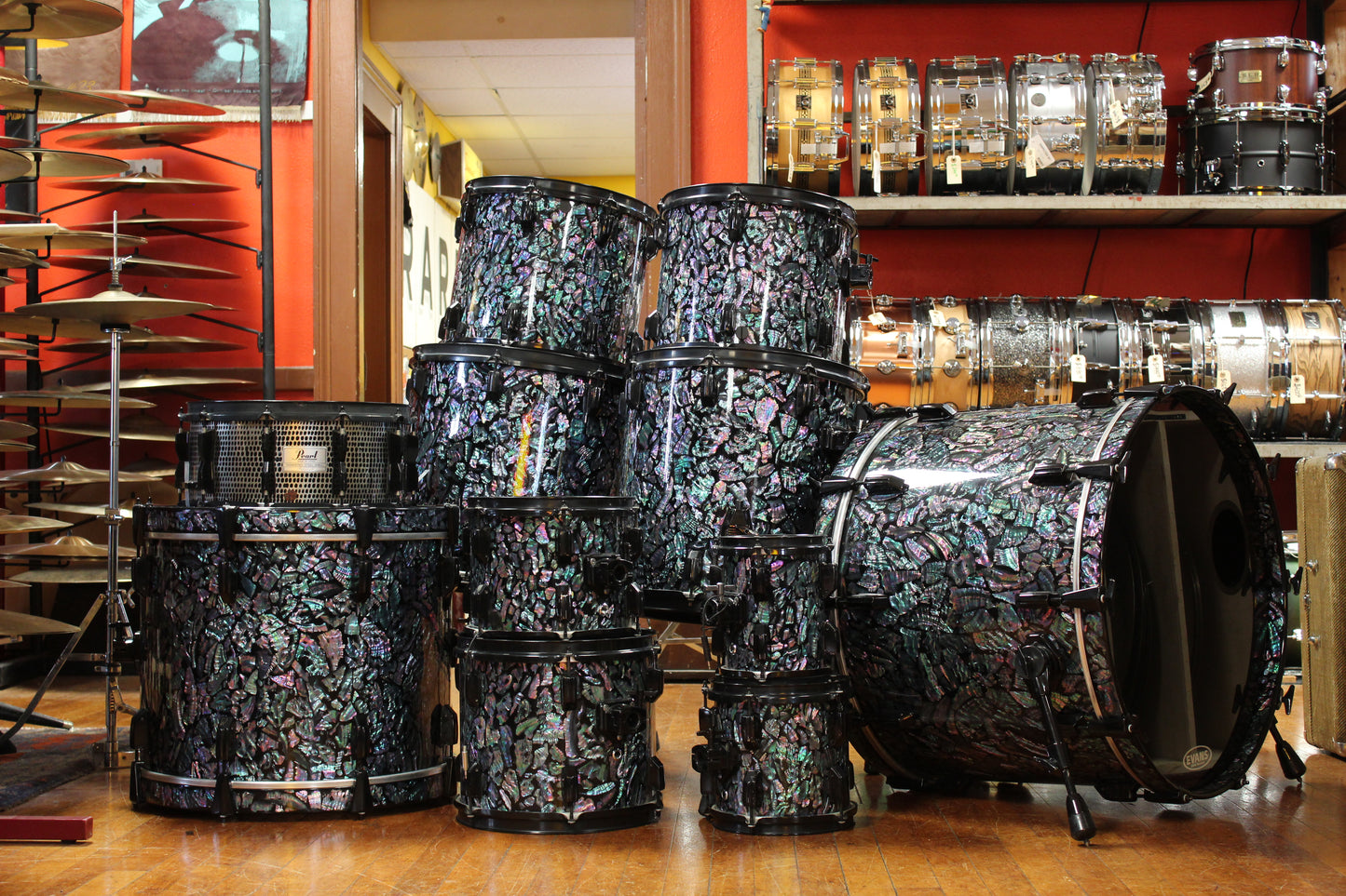 1990s Pearl Masters Mother of Pearl Drum Kit 18x24 16x20 16x18 16x16 12x14 11x13 10x12 8x10 8x8 8x6 6.5x14
