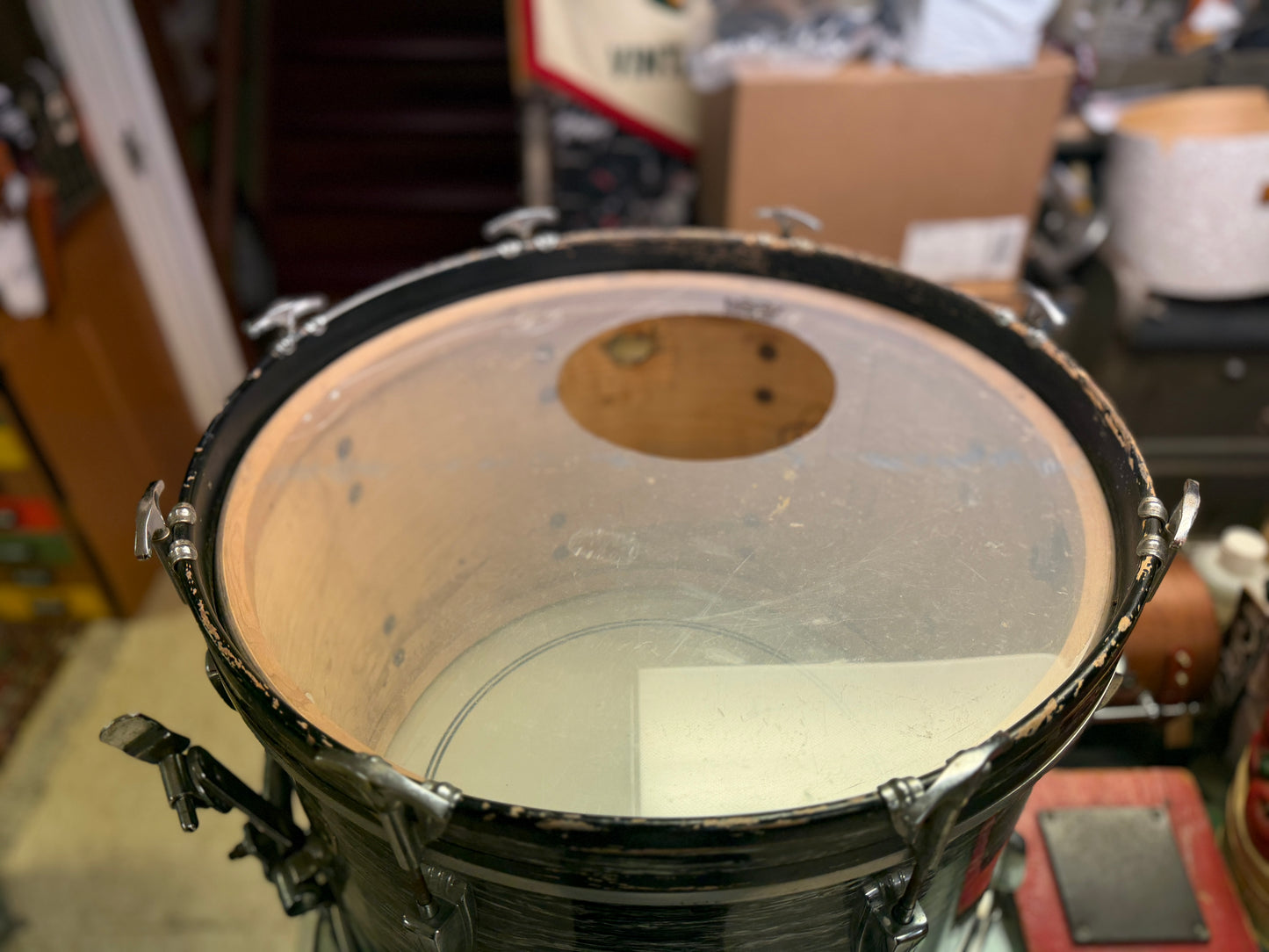 1959/60 Ludwig 14x20 Transition Badge Bass Drum in Black Oyster Pearl