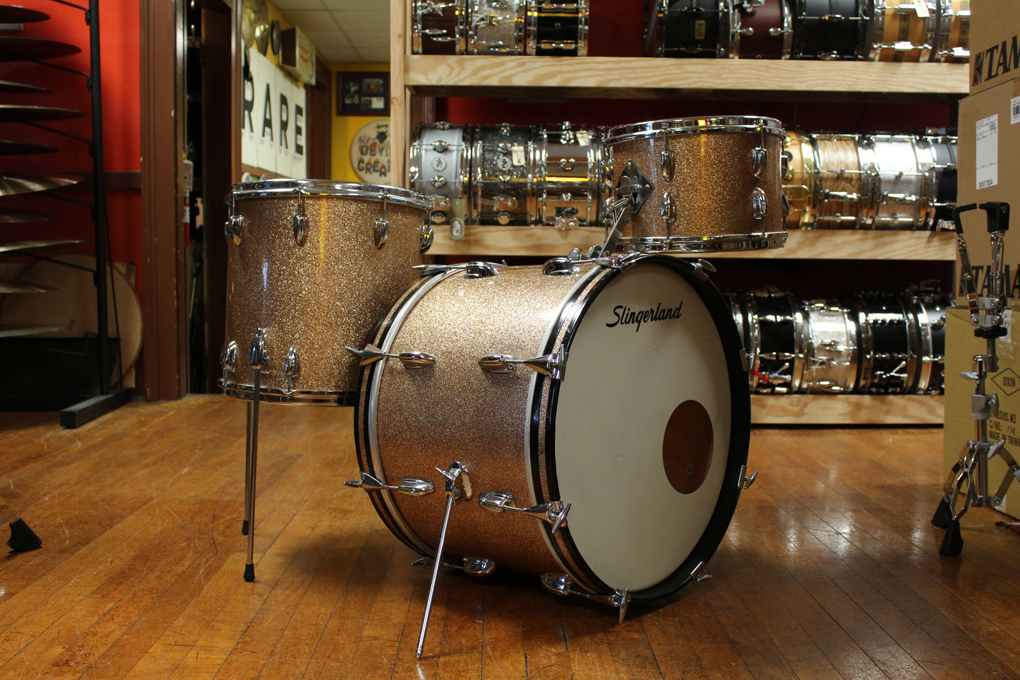 1966 Slingerland Modern Jazz Outfit in Sparkling Champagne Pearl 14x20 8x12 14x14