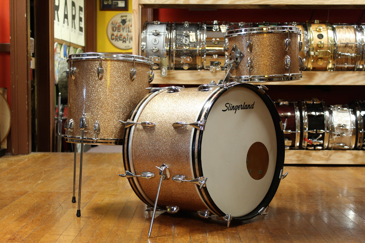 1966 Slingerland Modern Jazz Outfit in Sparkling Champagne Pearl 14x20 8x12 14x14