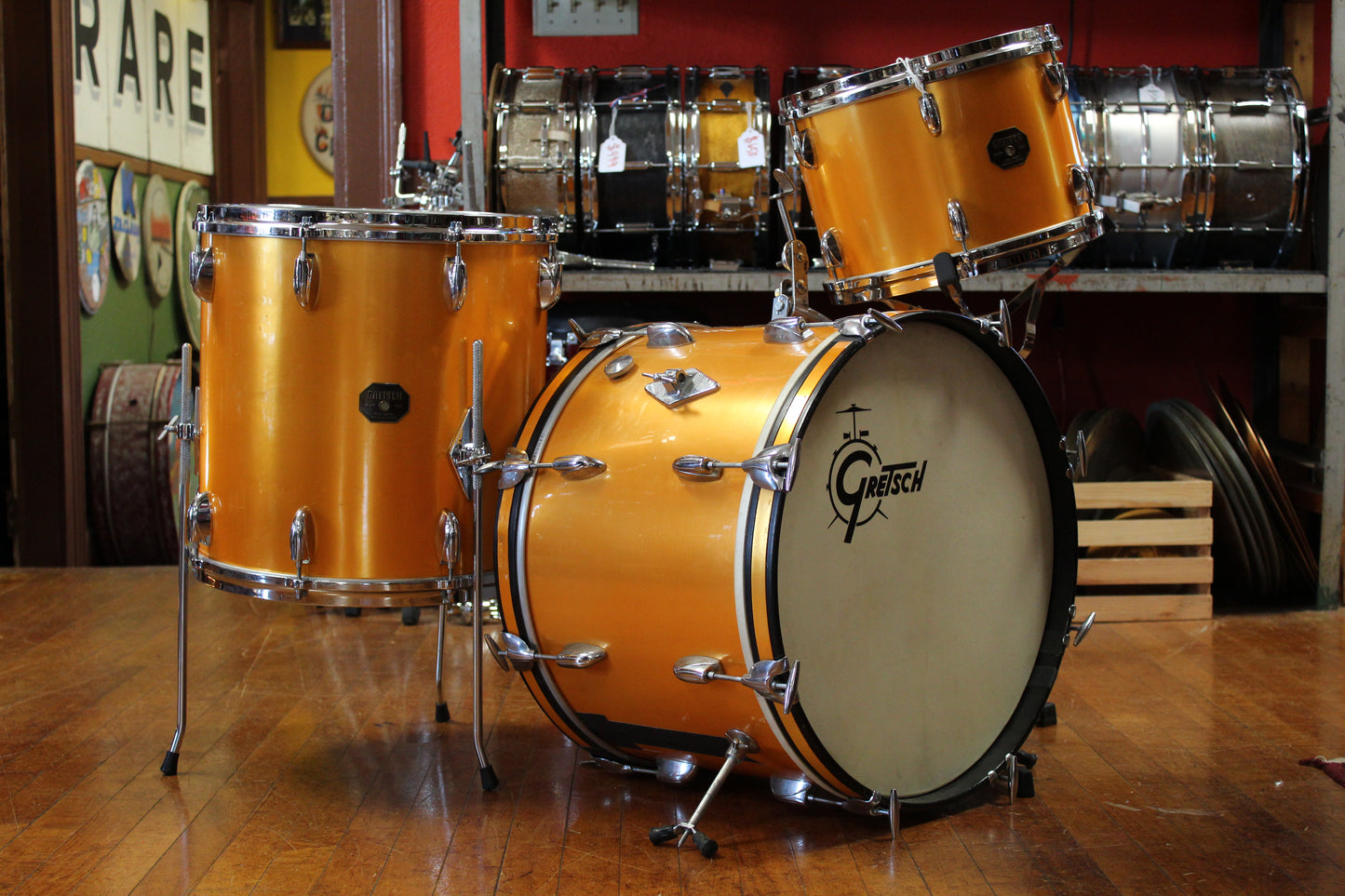 1970's Gretsch Name Brand Outfit in Gold Nitron 14x20 9x13 16x16