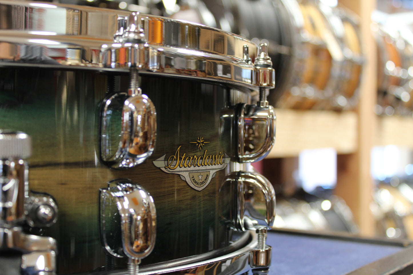 Tama Starclassic Maple Exotic 5.5x14 Snare Drum in Emerald Pacific Walnut Burst