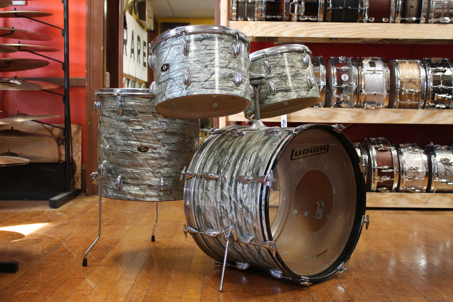 1960s Slingerland New Rock Outfit in Light Blue Pearl 14x20 8x12 9x13 16x16
