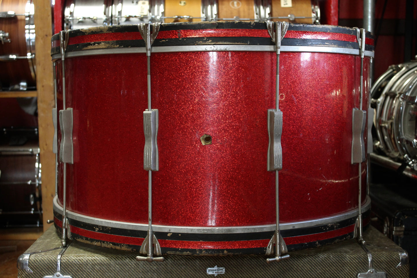 1960s Ludwig 14x28 Single Tension Bass Drum in Red Sparkle