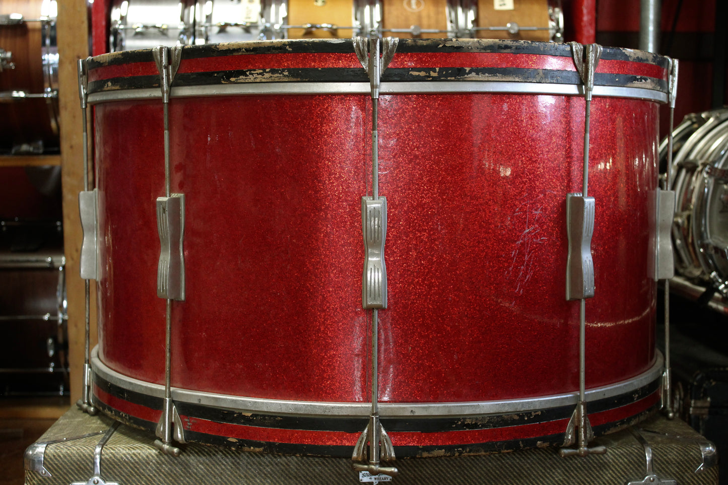 1960s Ludwig 14x28 Single Tension Bass Drum in Red Sparkle