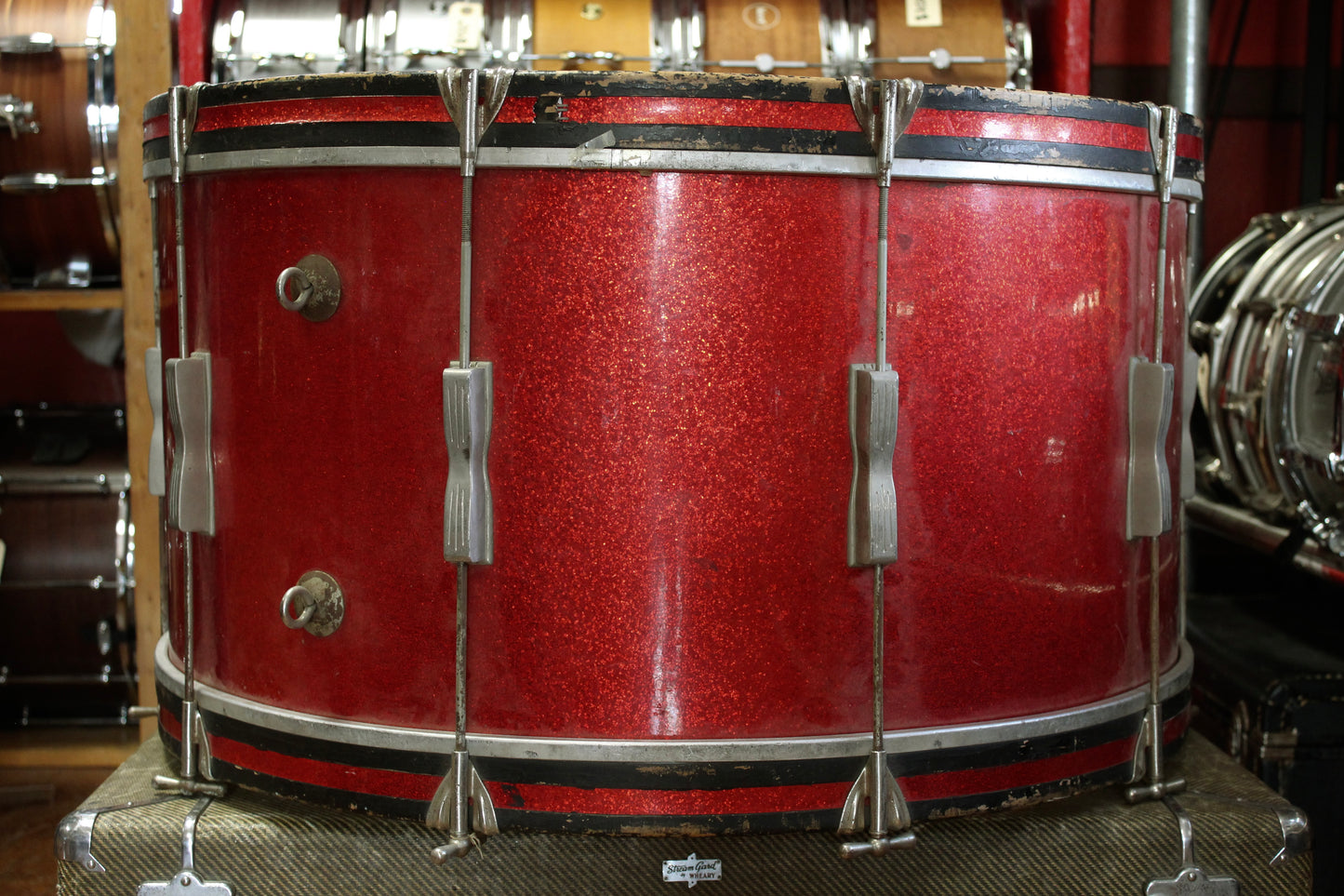 1960s Ludwig 14x28 Single Tension Bass Drum in Red Sparkle