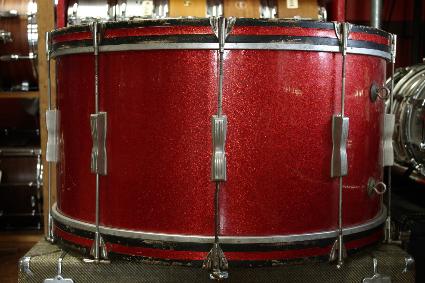 1960s Ludwig 14x28 Single Tension Bass Drum in Red Sparkle