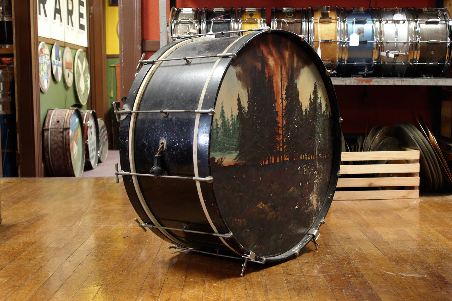 1920s Ludwig 12x27 Bass Drum in Black Lacquer with Forest Fire Painted Head