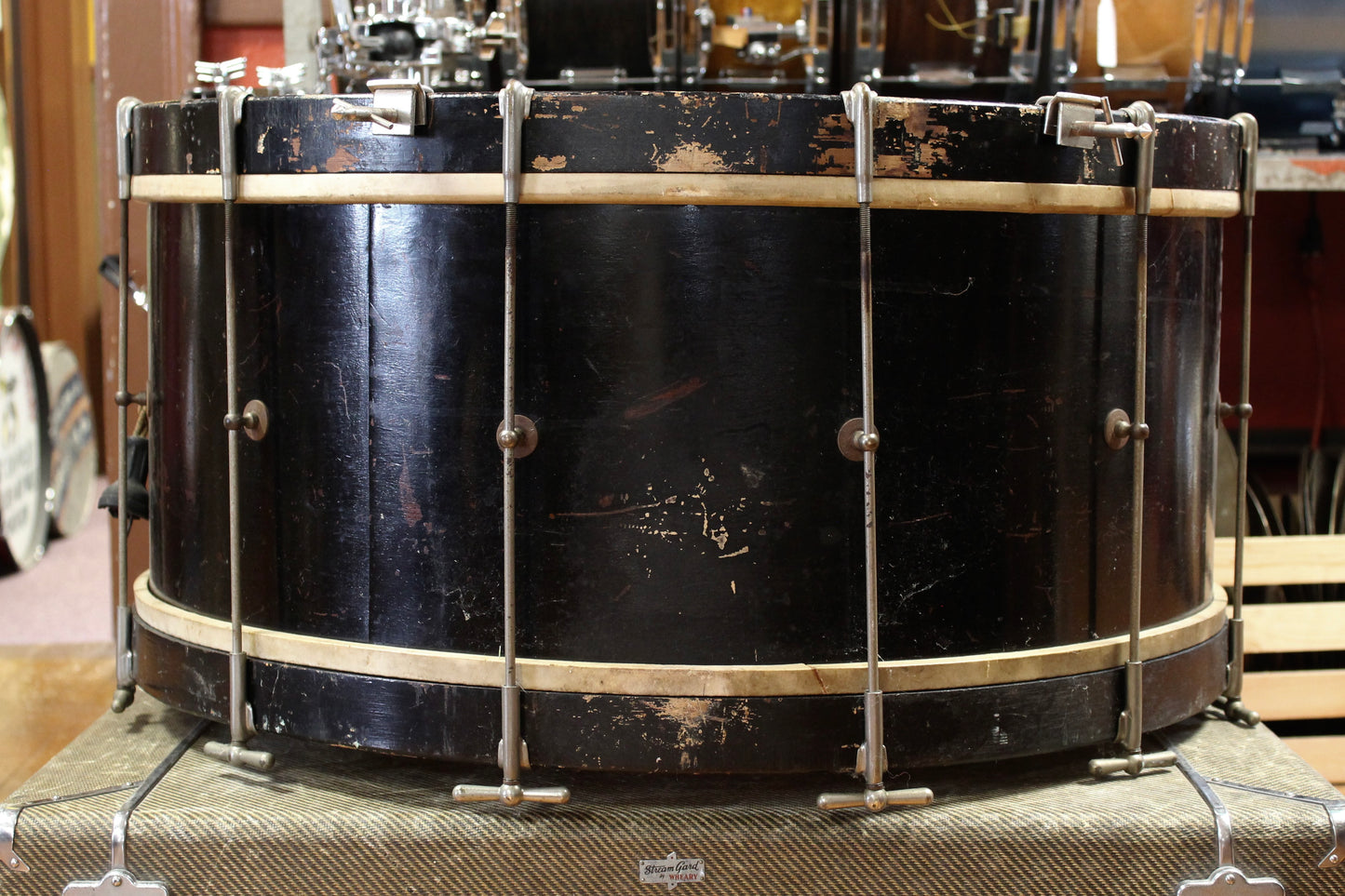 1920s Ludwig 12x27 Bass Drum in Black Lacquer with Forest Fire Painted Head