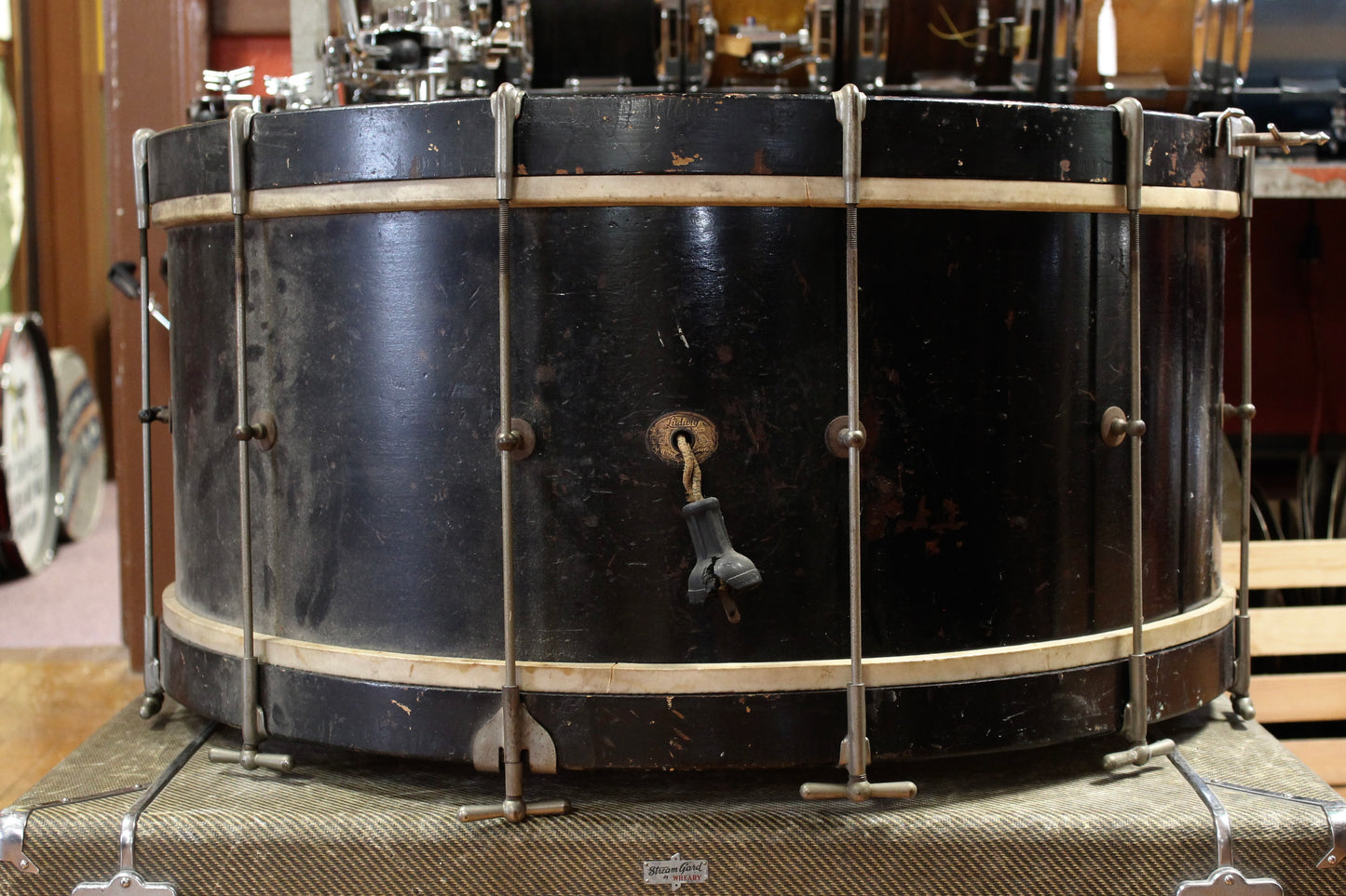 1920s Ludwig 12x27 Bass Drum in Black Lacquer with Forest Fire Painted Head