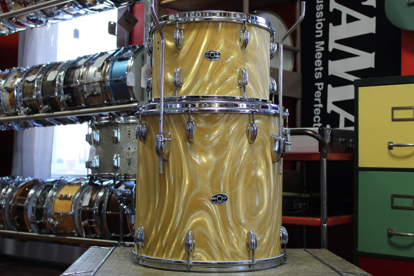 1970s Slingerland Drum kit in Gold Satin Flame Pearl 14x20 16x16 9x13