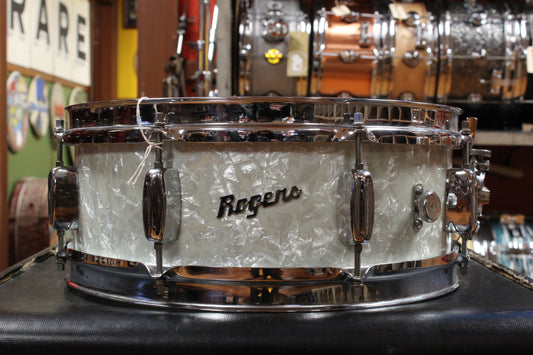 1960s Rogers 5x14 Powertone Snare Drum in White Marine Pearl