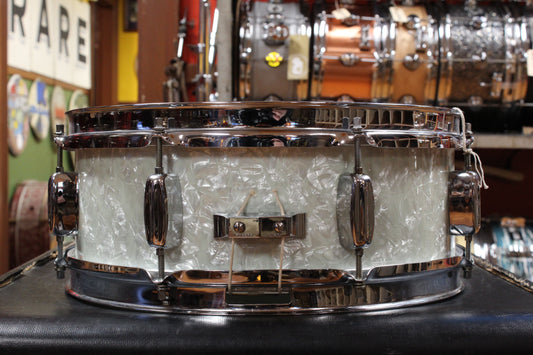 1960s Rogers 5x14 Powertone Snare Drum in White Marine Pearl