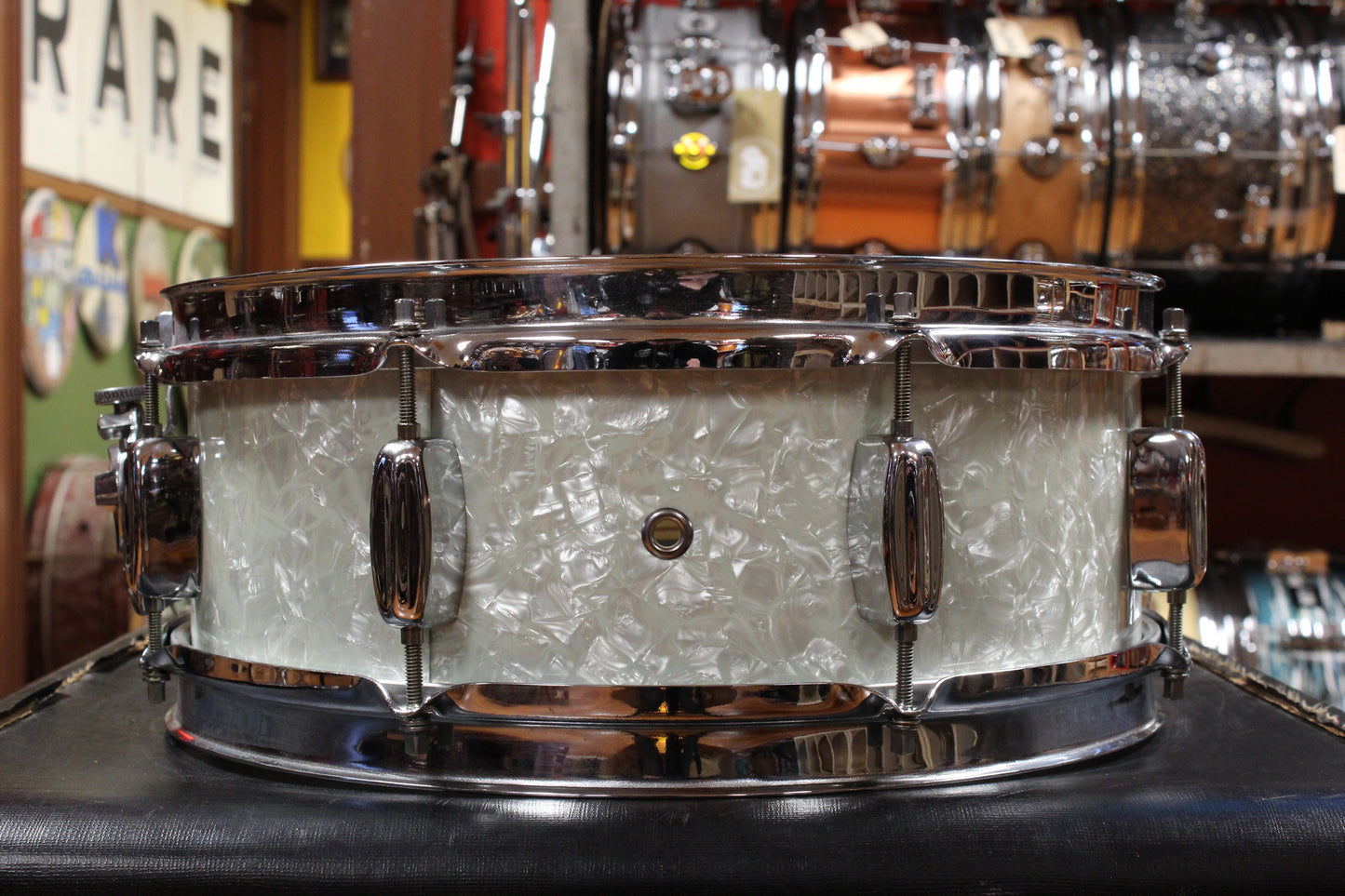1960s Rogers 5x14 Powertone Snare Drum in White Marine Pearl