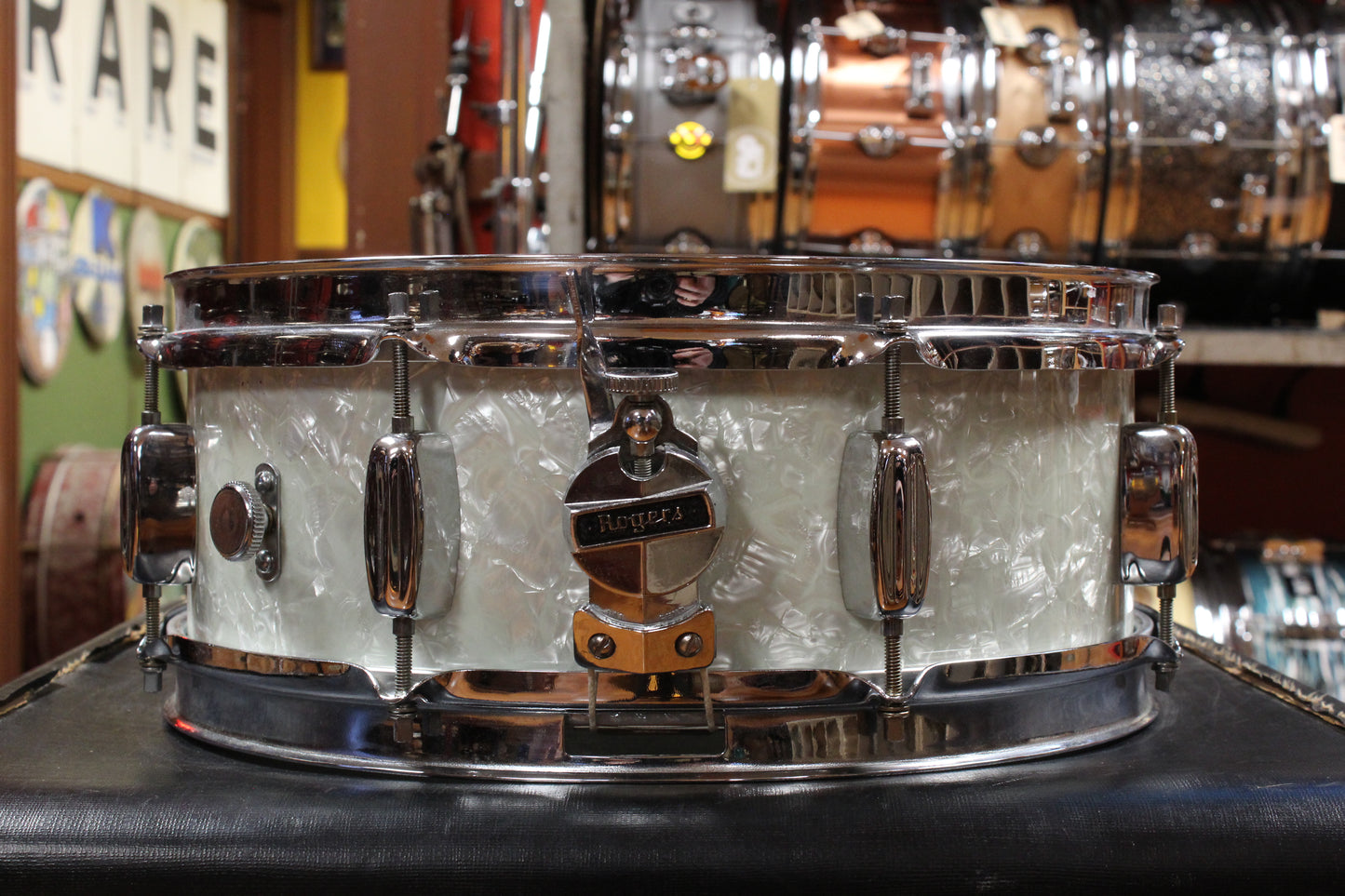 1960s Rogers 5x14 Powertone Snare Drum in White Marine Pearl