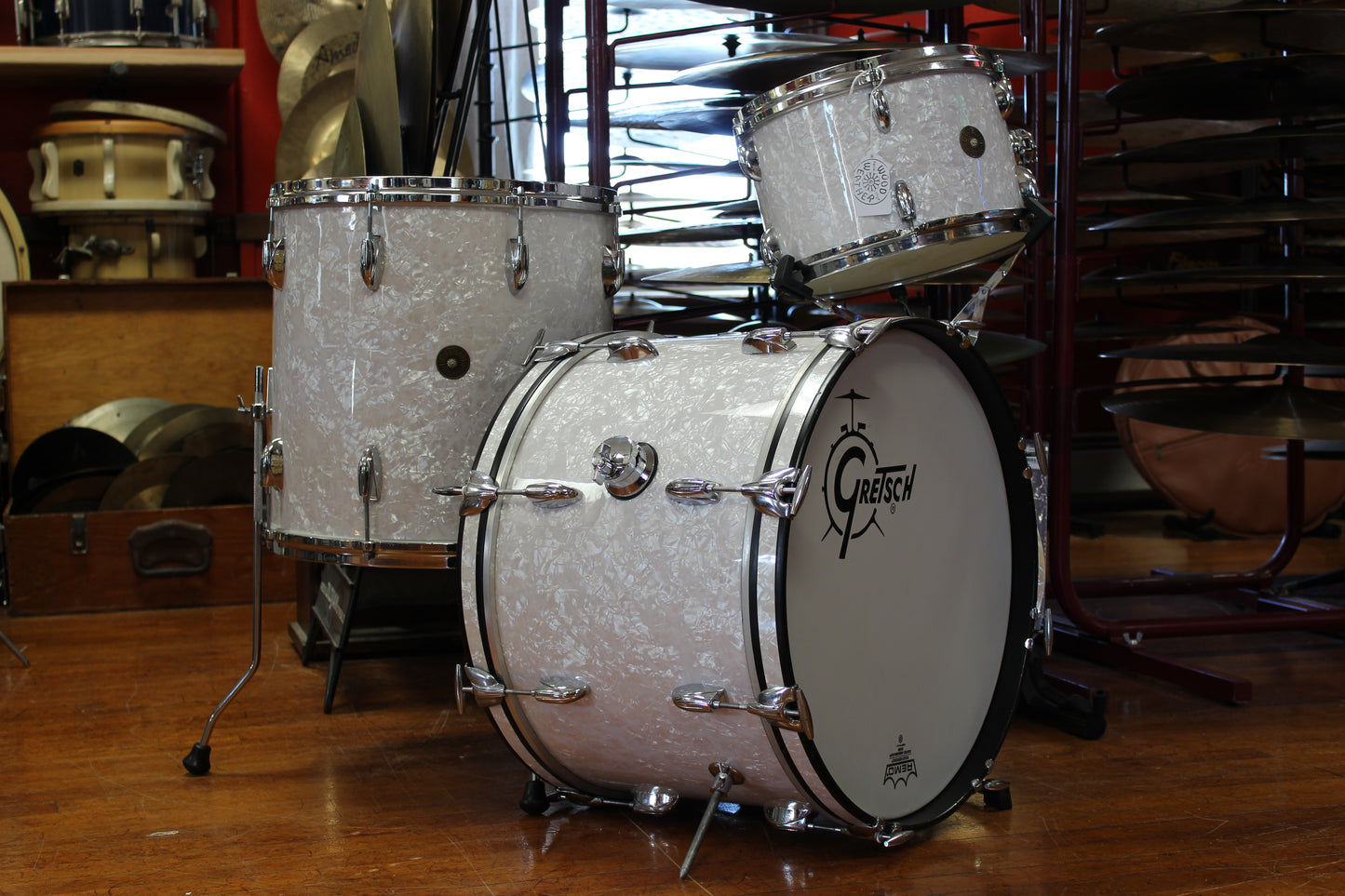 1960s Gretsch Round Badge in White Marine Pearl 14x20 16x16 8x12