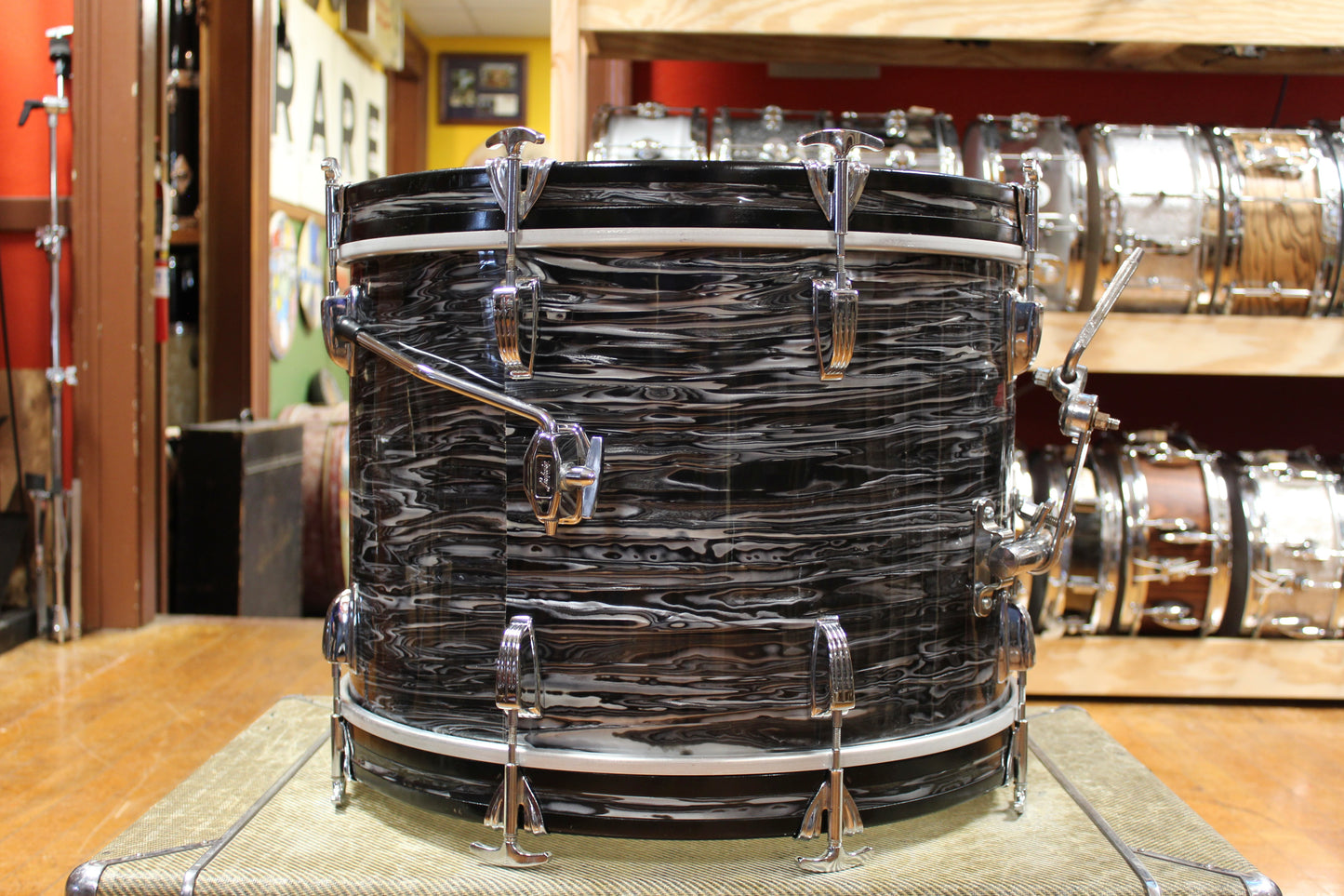 Early 1960s Ludwig Downbeat Outfit in Black Oyster Pearl (Rewrap) 14x20 8x12 14x14