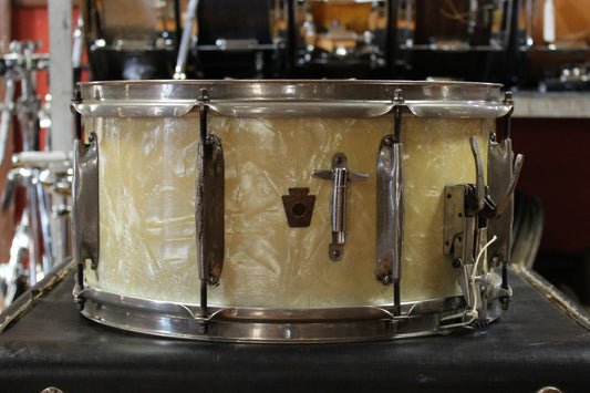 1930's WFL 6.5x14 Ray Bauduc Twin Strainer Dixieland Model Snare Drum in White Marine Pearl