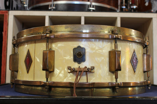 1930s Leedy 5x14 Broadway Snare Drum in White Marine Pearl Full Dress
