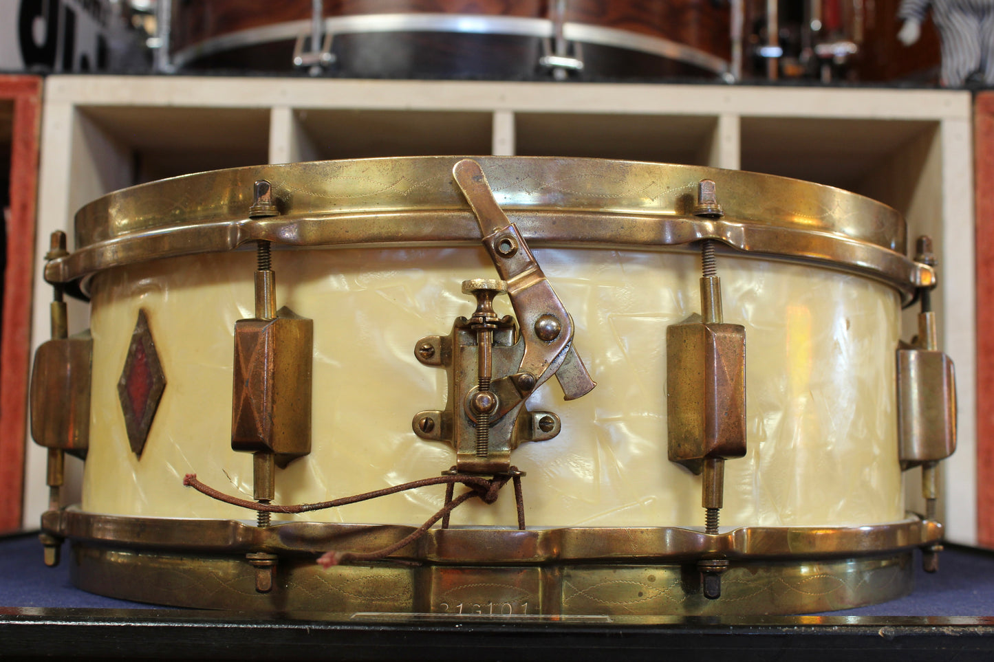 1930s Leedy 5x14 Broadway Snare Drum in White Marine Pearl Full Dress