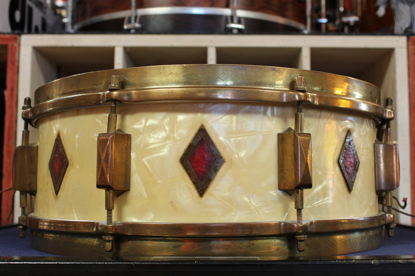 1930s Leedy 5x14 Broadway Snare Drum in White Marine Pearl Full Dress