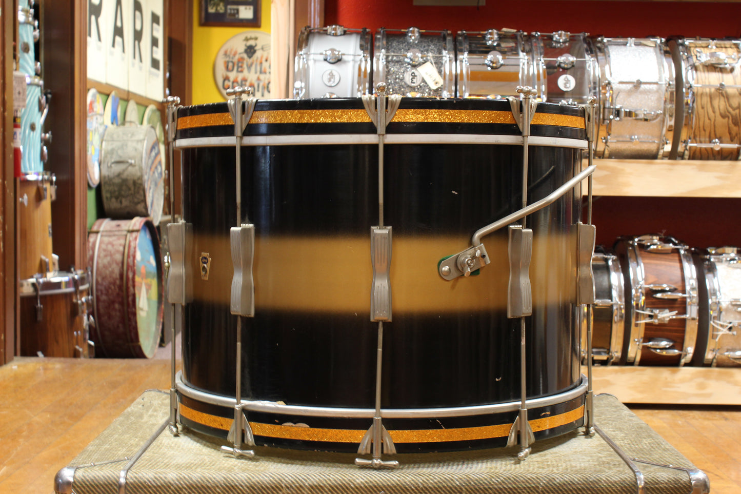 Early 1960s Ludwig Deluxe Club Date Outfit in Black and Gold Duco 14x22 9x13 12x15