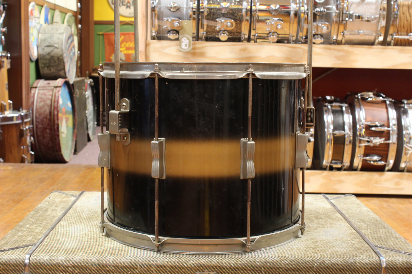 Early 1960s Ludwig Deluxe Club Date Outfit in Black and Gold Duco 14x22 9x13 12x15