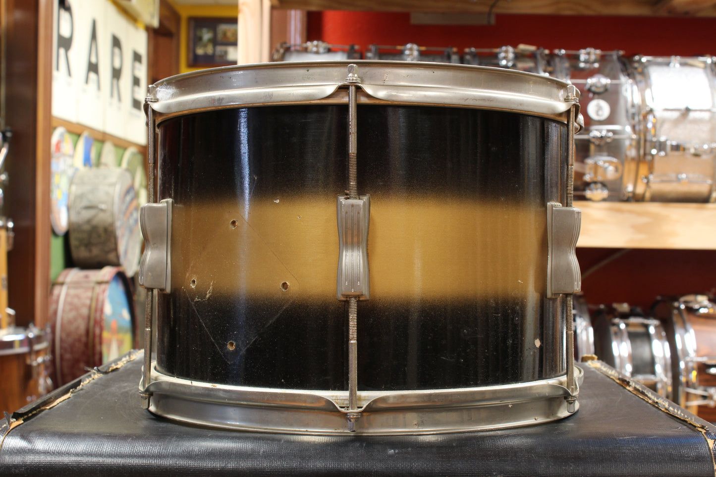 Early 1960s Ludwig Deluxe Club Date Outfit in Black and Gold Duco 14x22 9x13 12x15