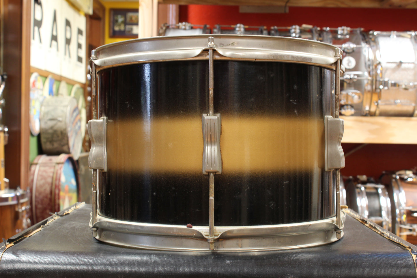 Early 1960s Ludwig Deluxe Club Date Outfit in Black and Gold Duco 14x22 9x13 12x15