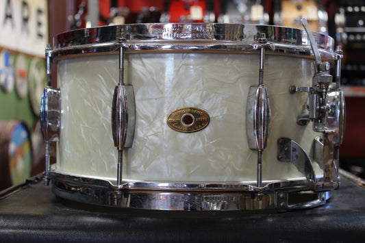 1950s Slingerland 7x14 Radio King Snare Drum in White Marine Pearl