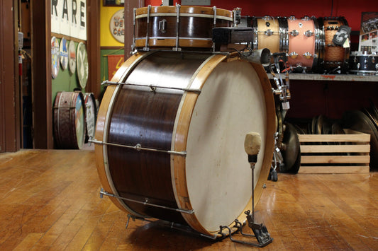 1920s Walberg and Auge 12x25 Bass Drum and 4x14 Snare Drum Outfit in Mahogany Finish