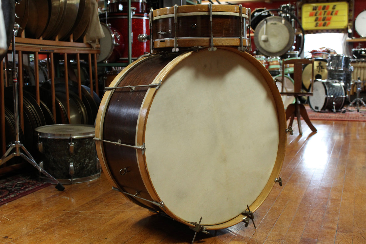 1920s Walberg and Auge 12x25 Bass Drum and 4x14 Snare Drum Outfit in Mahogany Finish