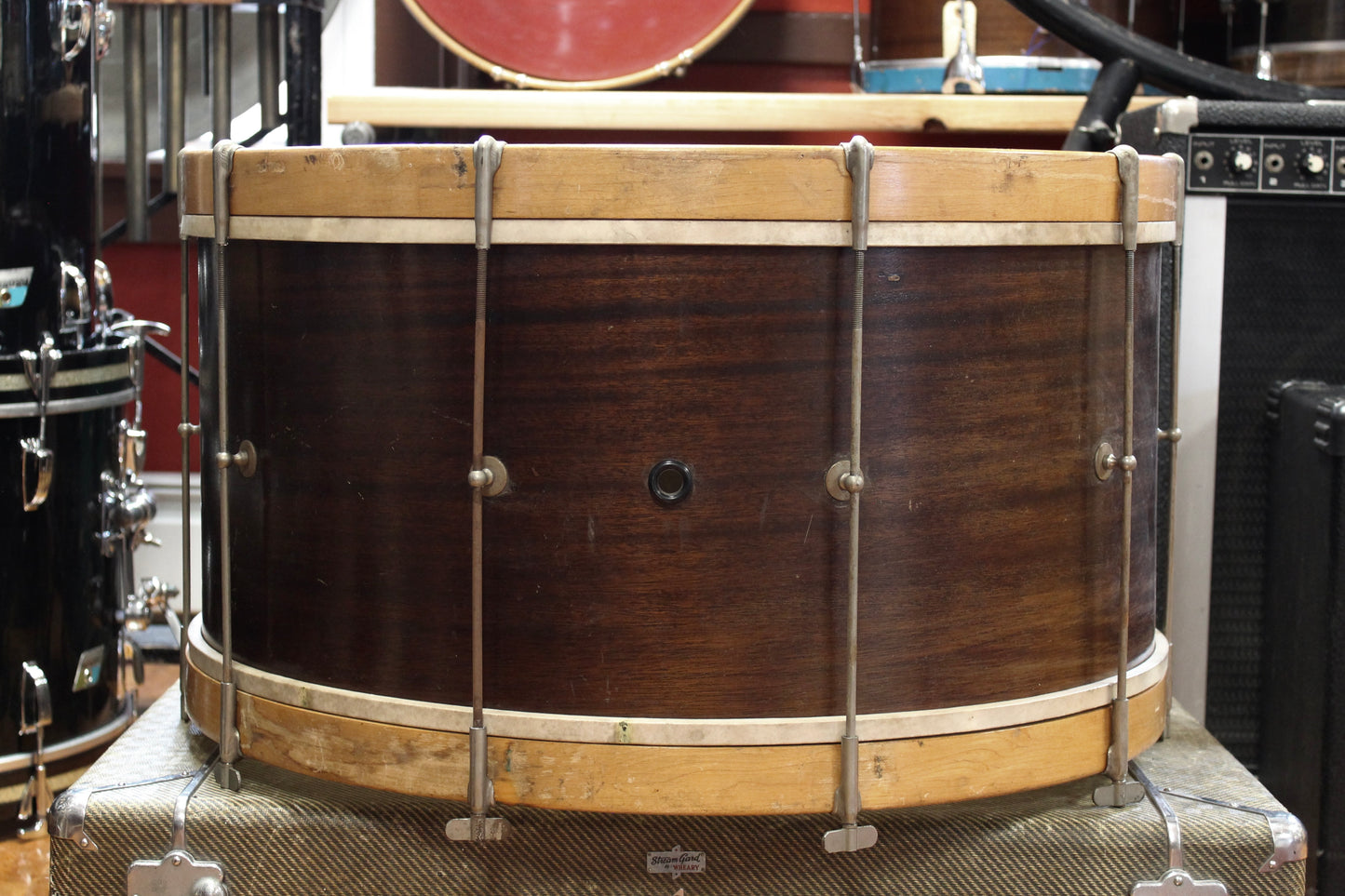 1920s Walberg and Auge 12x25 Bass Drum and 4x14 Snare Drum Outfit in Mahogany Finish