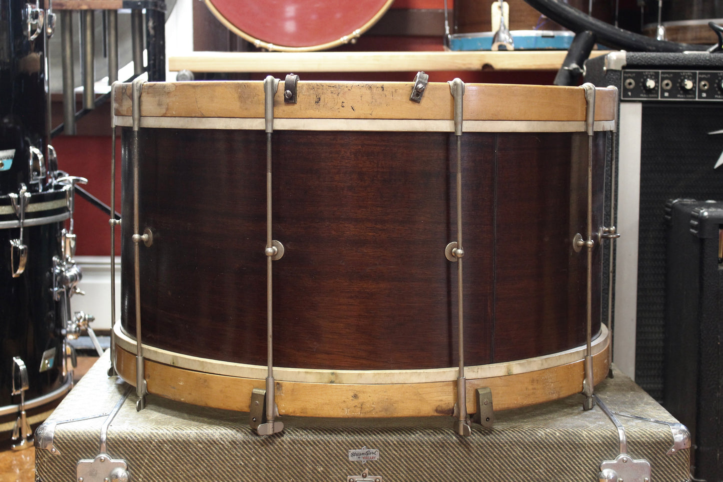 1920s Walberg and Auge 12x25 Bass Drum and 4x14 Snare Drum Outfit in Mahogany Finish